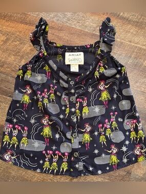 Ariat Western Aloha Sleeveless Top Size Small Hula Print Button Front Blouse